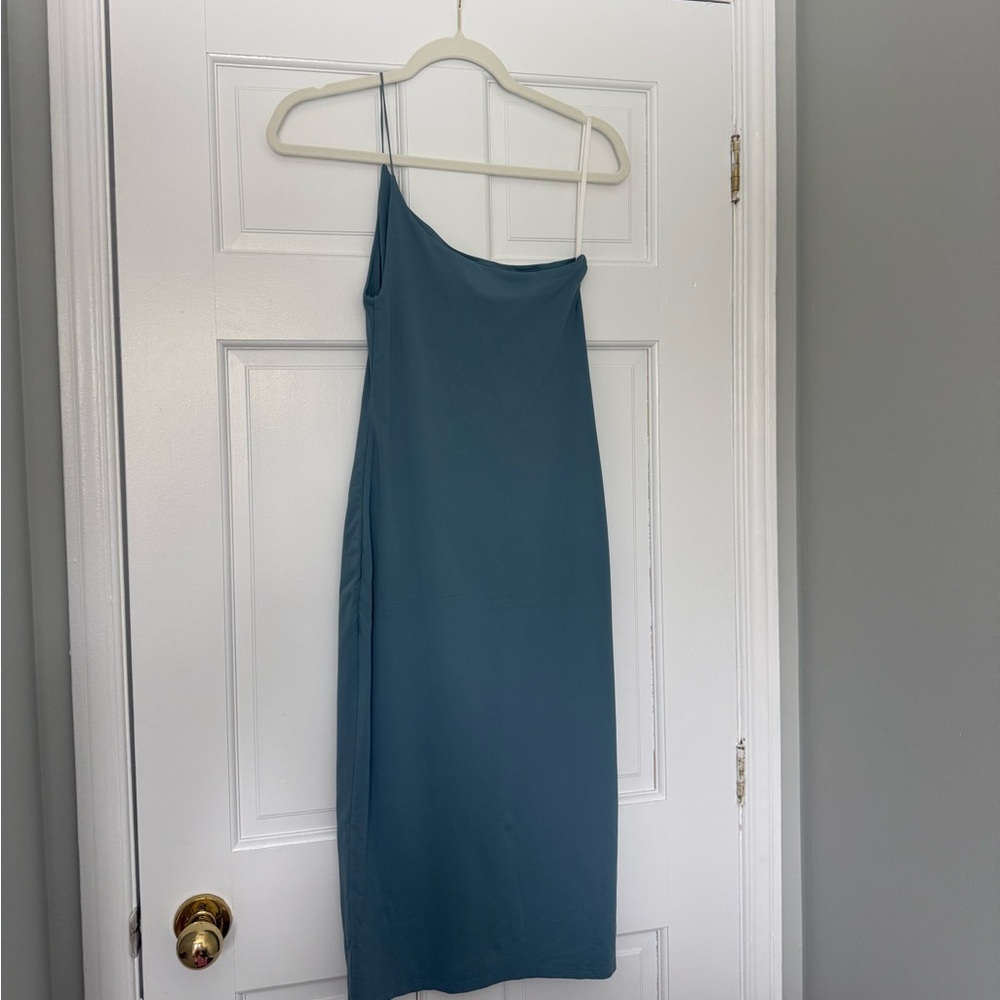 Babaton Teal One-Shoulder Slip Dress